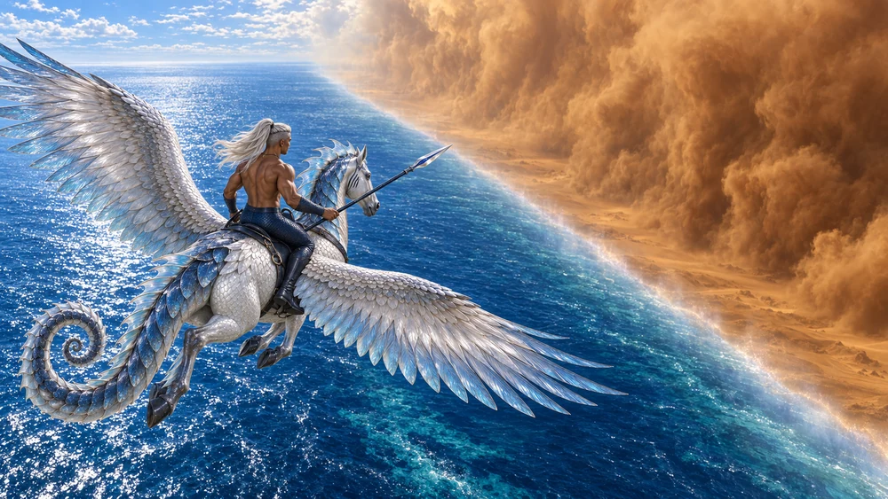 Thareon and Orhaen fly on the Lazrien side of the suture. The blue sea ends abruptly beside a towering sandstorm that conceals Khemetra.